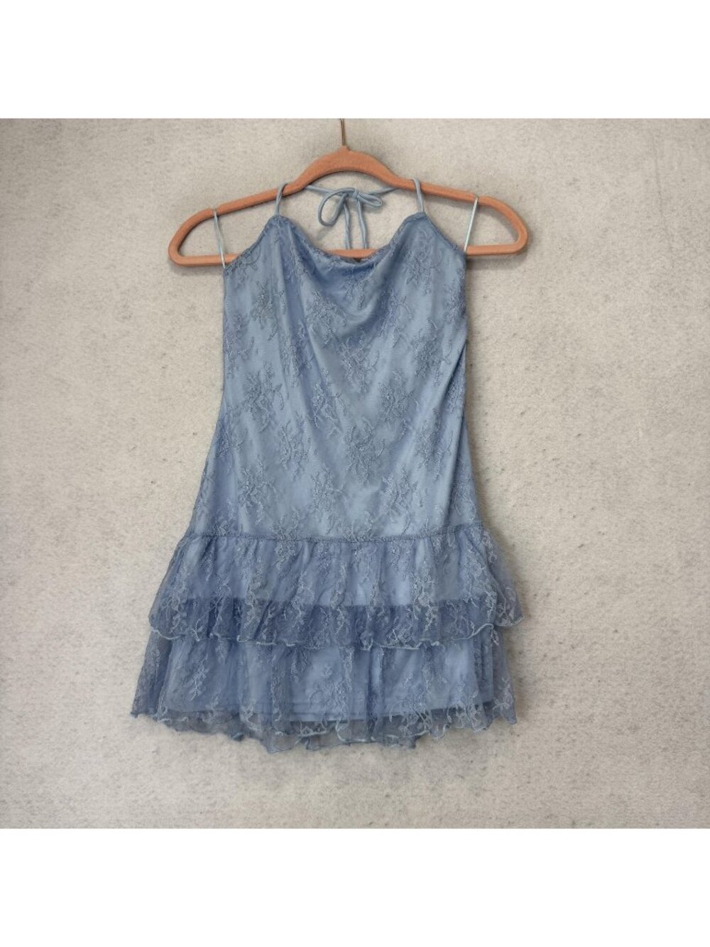 More To Come Dress Womens Medium Blue Lace Halter Ruffle Mini Slip Lined Party